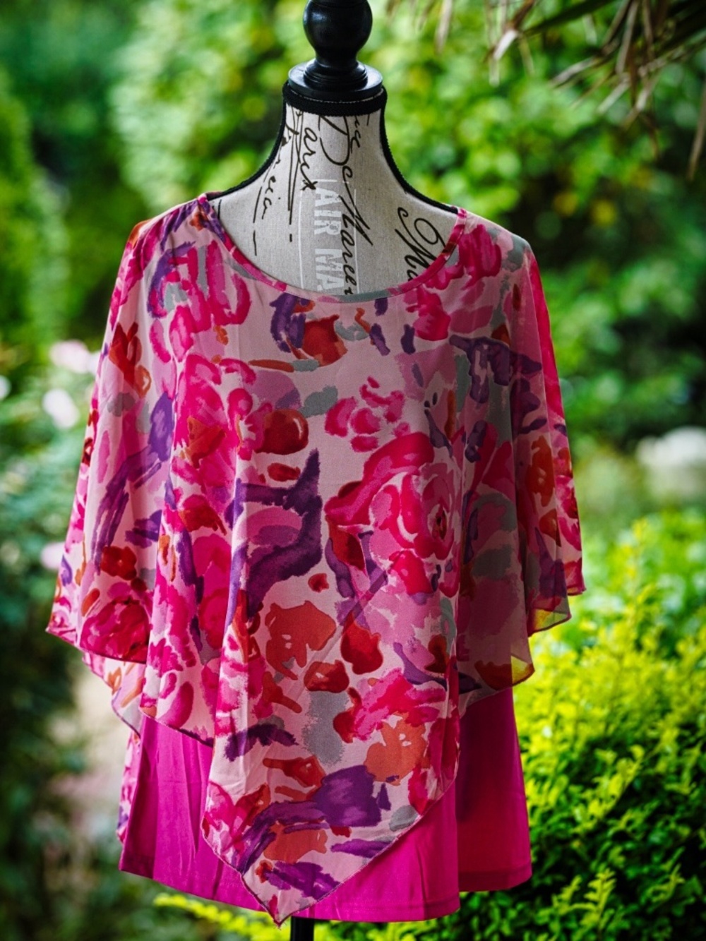 NWT Lotus Smile Fuchsia Pink Floral Poncho Overlay Blouse - Size Large